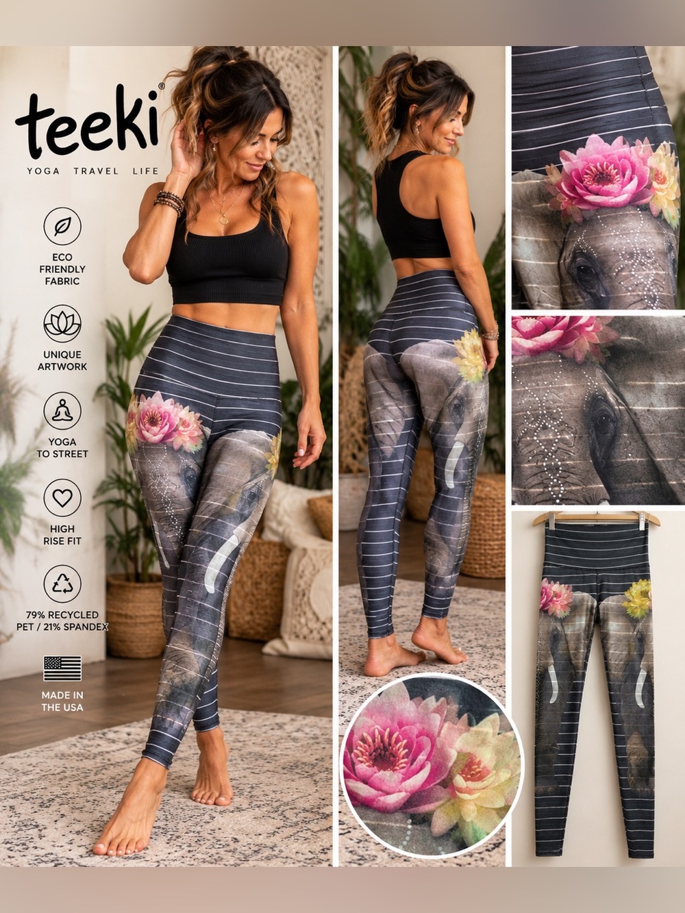 Teeki Elephant Lotus Floral Yoga Leggings Small High Rise